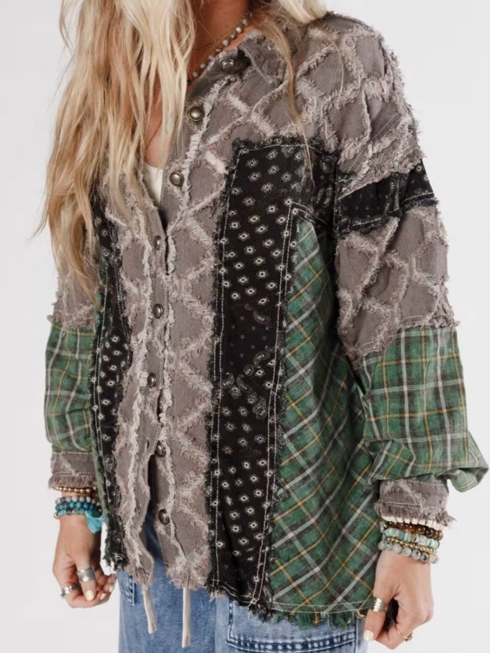 🤎NEW POL Textured Shacket Green & Brown Patchwork- Beautiful 💚 - Picture 6 of 7